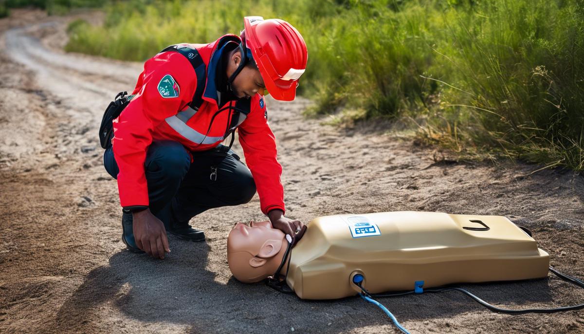 Image depicting someone performing CPR and using an AED in the wild.