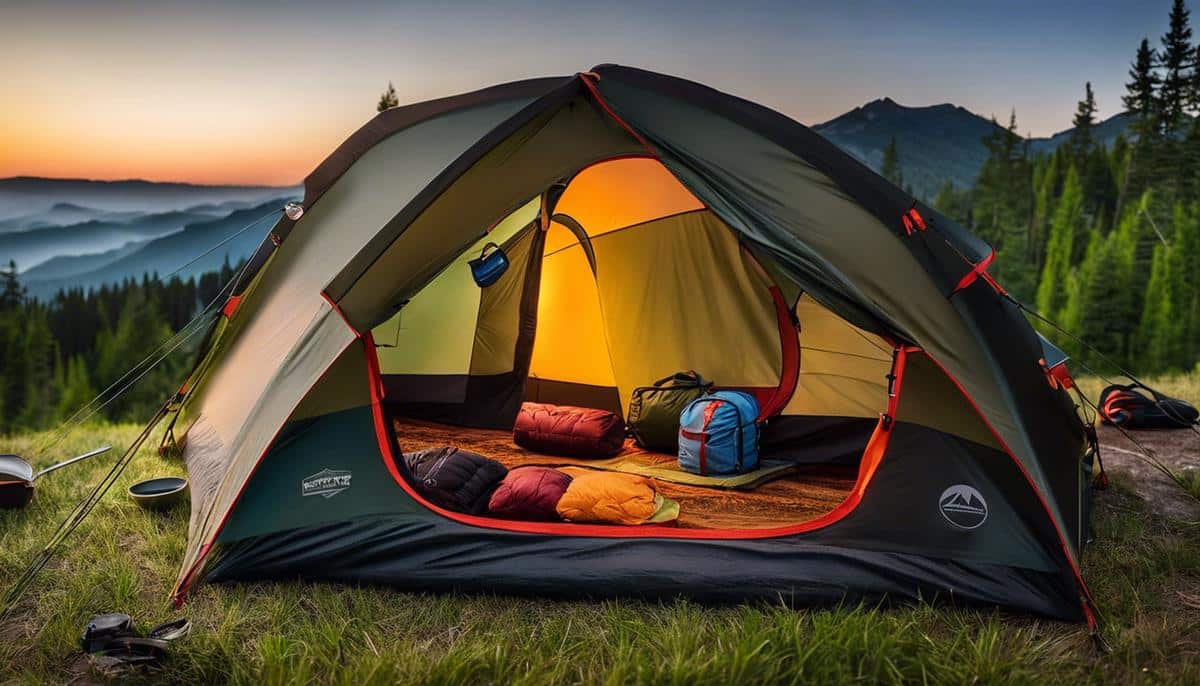 A variety of camping gear including backpacks, sleeping bags, and cooking utensils.