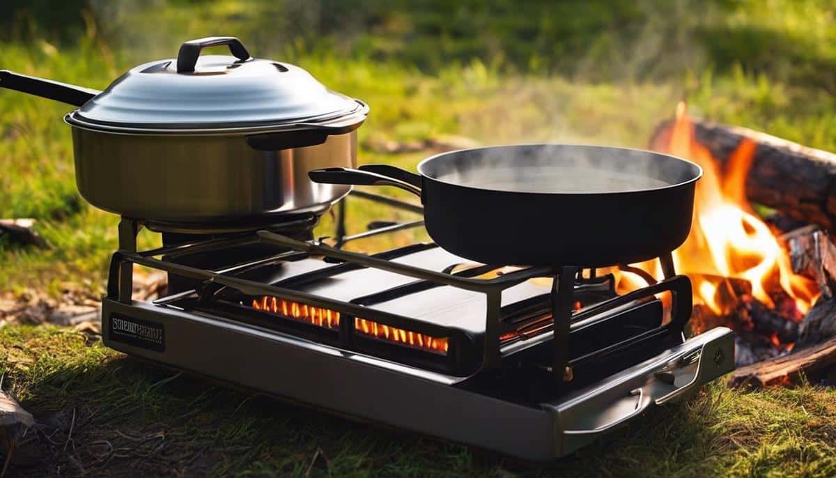 A camping stove with a pot of boiling water on a campsite table