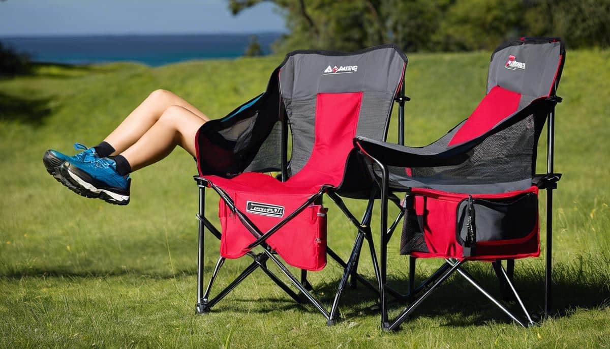 Image description: A chair designed for camping with legs that have wide feet and reflective materials for low light visibility.