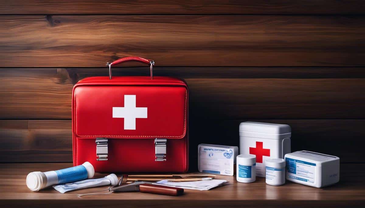 A first aid kit resting on a wooden surface