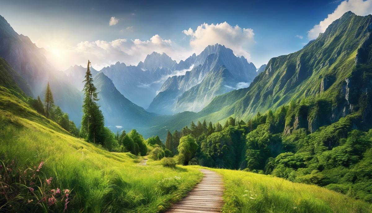 A picturesque view of a serene hiking trail surrounded by lush greenery and towering mountains.