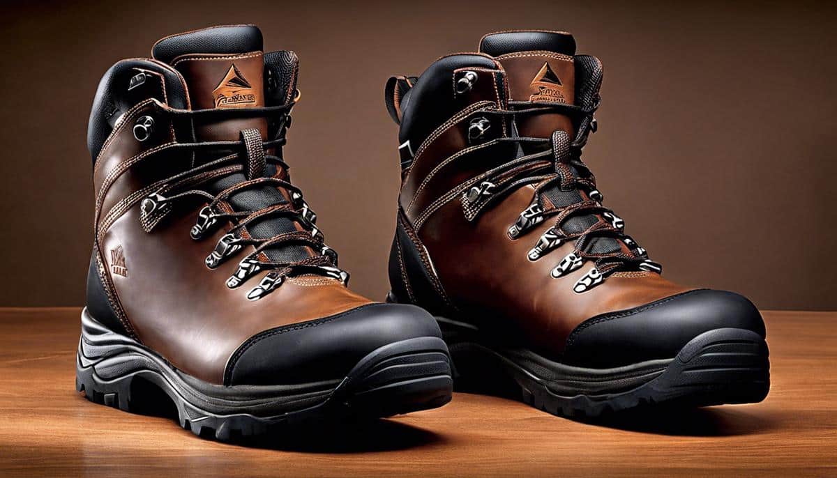 A pair of wide hiking boots with durable construction and reinforcements at the toe and heel.